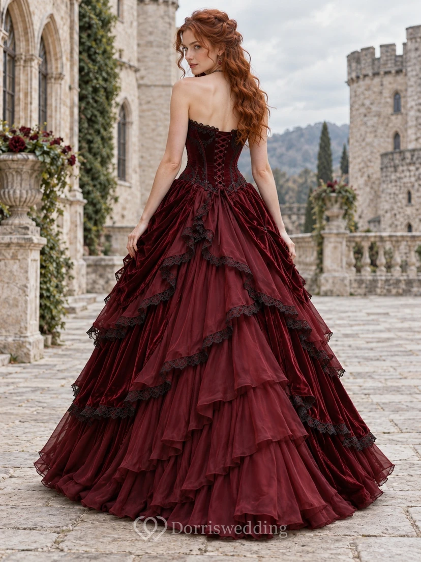 Burgundy Gothic Strapless Sweetheart Lace Trim Corset Ball Gown view 2