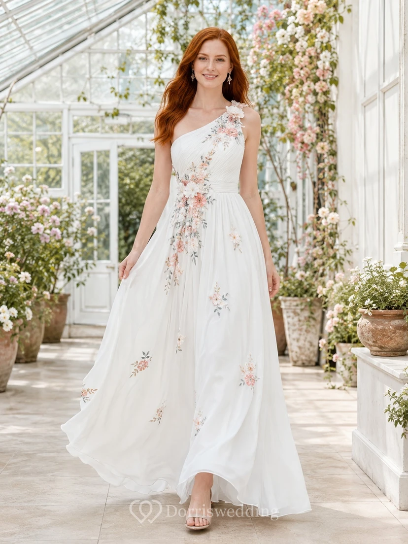 Romantic White Floral One-Shoulder Chiffon A-Line Ankle-Length Garden Guest Dress