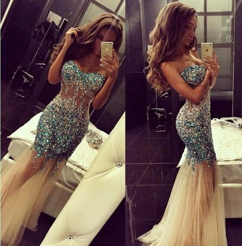 Robe de bal sirène en tulle et cristaux luxueux, traîne balayée view 2