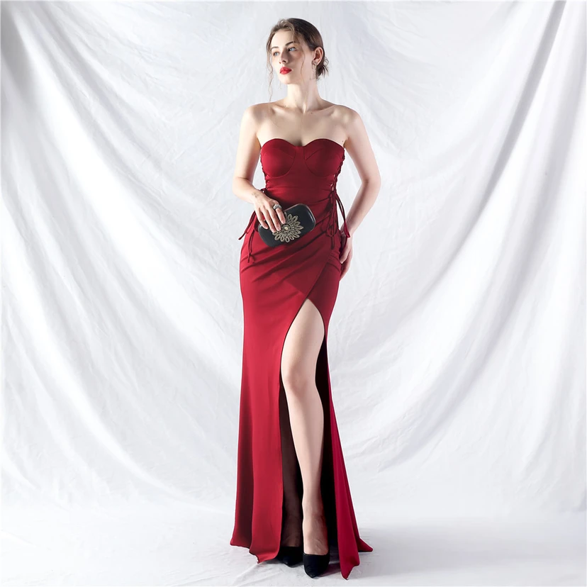Vestido de noche de satén con cintura y orejas fijas, nueva tendencia, con dos métodos de atado de cuerda. view 5