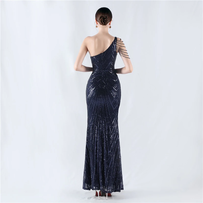 Positioning Flower Beaded Craft Beaded One-Shoulder Oblique Collar High Slit Evening Dress view 42