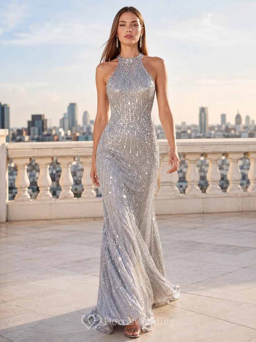 Vestido de noche largo hasta el suelo, sin mangas, con lentejuelas y escote halter plateado
