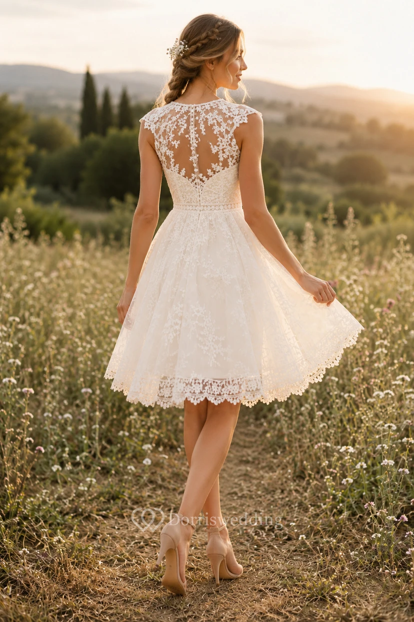Robe de mariée courte en dentelle à col rond, corsage illusion et jupe trapèze. view 2