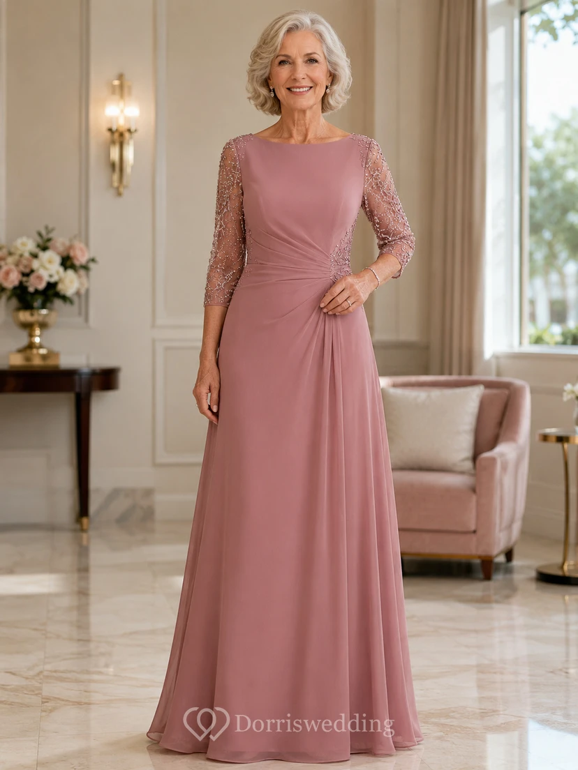Vestido de novia de corte A, largo hasta el suelo, color rosa empolvado, estilo modesto, para la abuela de la novia, con escote barco, detalles de cuentas y mangas tres cuartos.