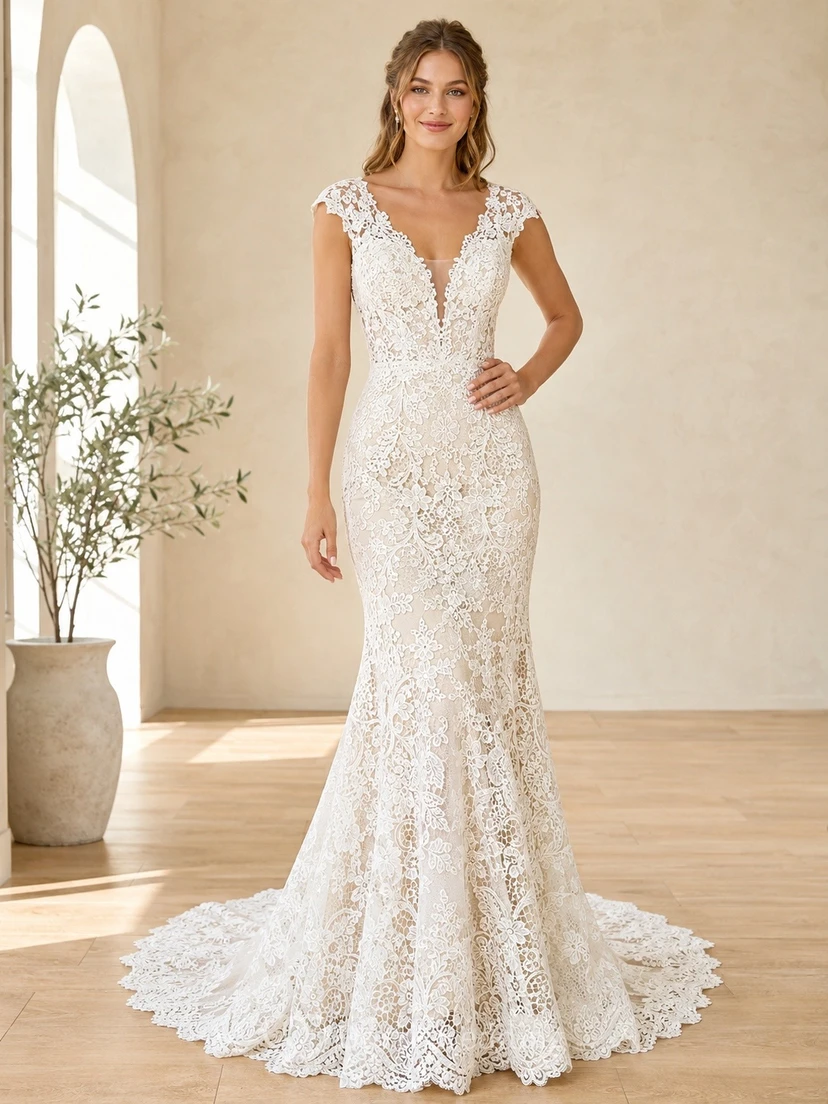 Vestido de novia formal de dos piezas con cuello alto, corte en A, encaje y cola larga.