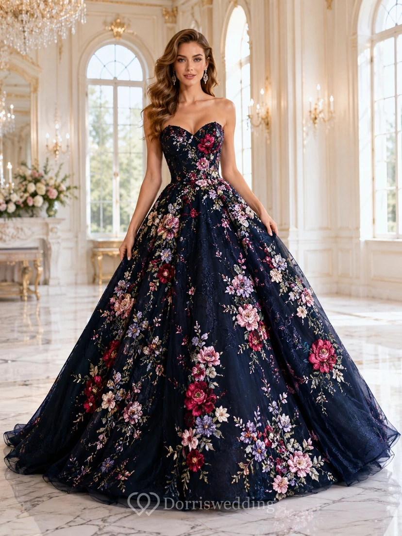 Black Multicolor Floral Strapless Sweetheart Applique Ball Gown Sweep Train Luxury Dress