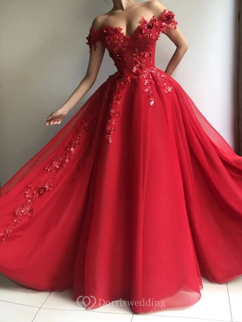 Rotes schulterfreies A-Linien-Ballkleid aus Tüll mit Spitzenapplikationen