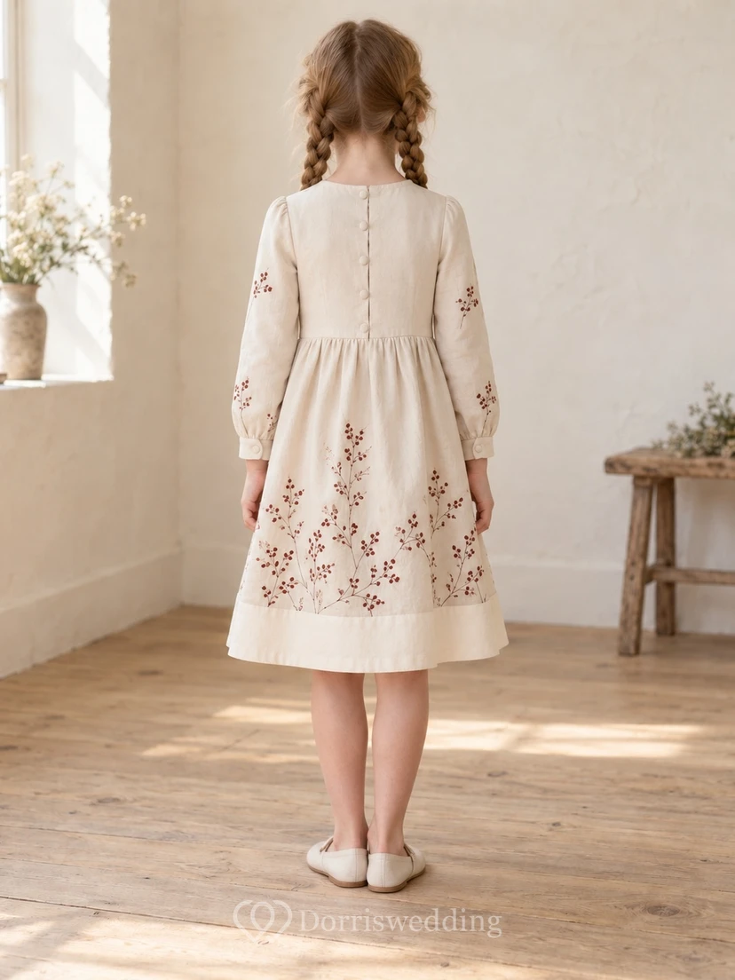 Schlichtes, dezentes, langärmeliges, cremefarbenes Teelängenkleid mit Bündchen aus Schmucksteinen, Beerenbordüre und gerafftem Saum im A-Linien-Stil für Blumenmädchen view 2