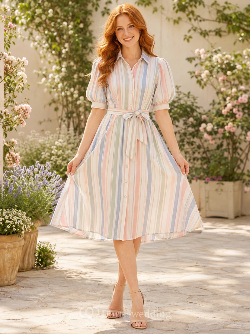 Pastel Striped Shirt Collar Puff Sleeve Garden Midi Dress