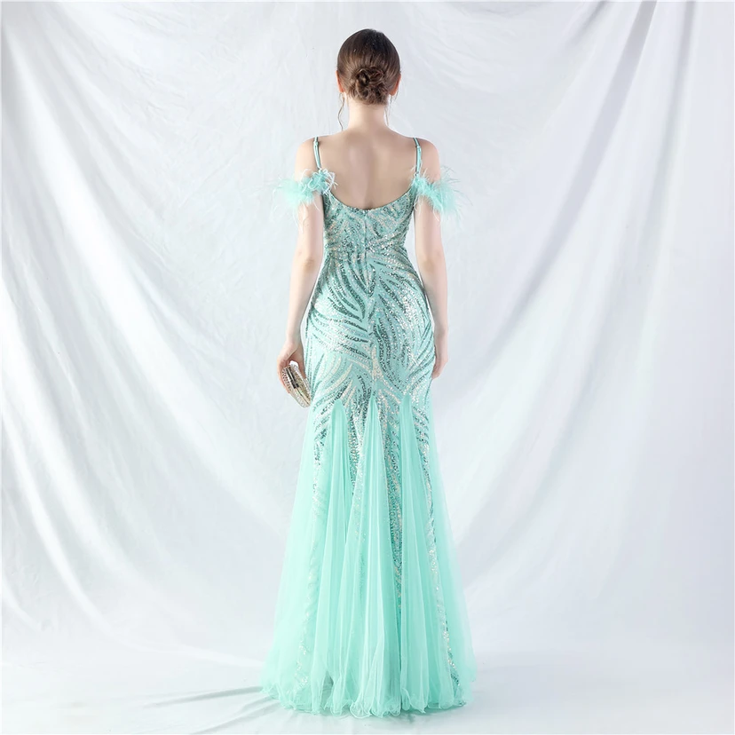 Crafted Ostrich Feather Stacked Sequins Splicing Mesh Gauze High-End Evening Dress Clothes view 86