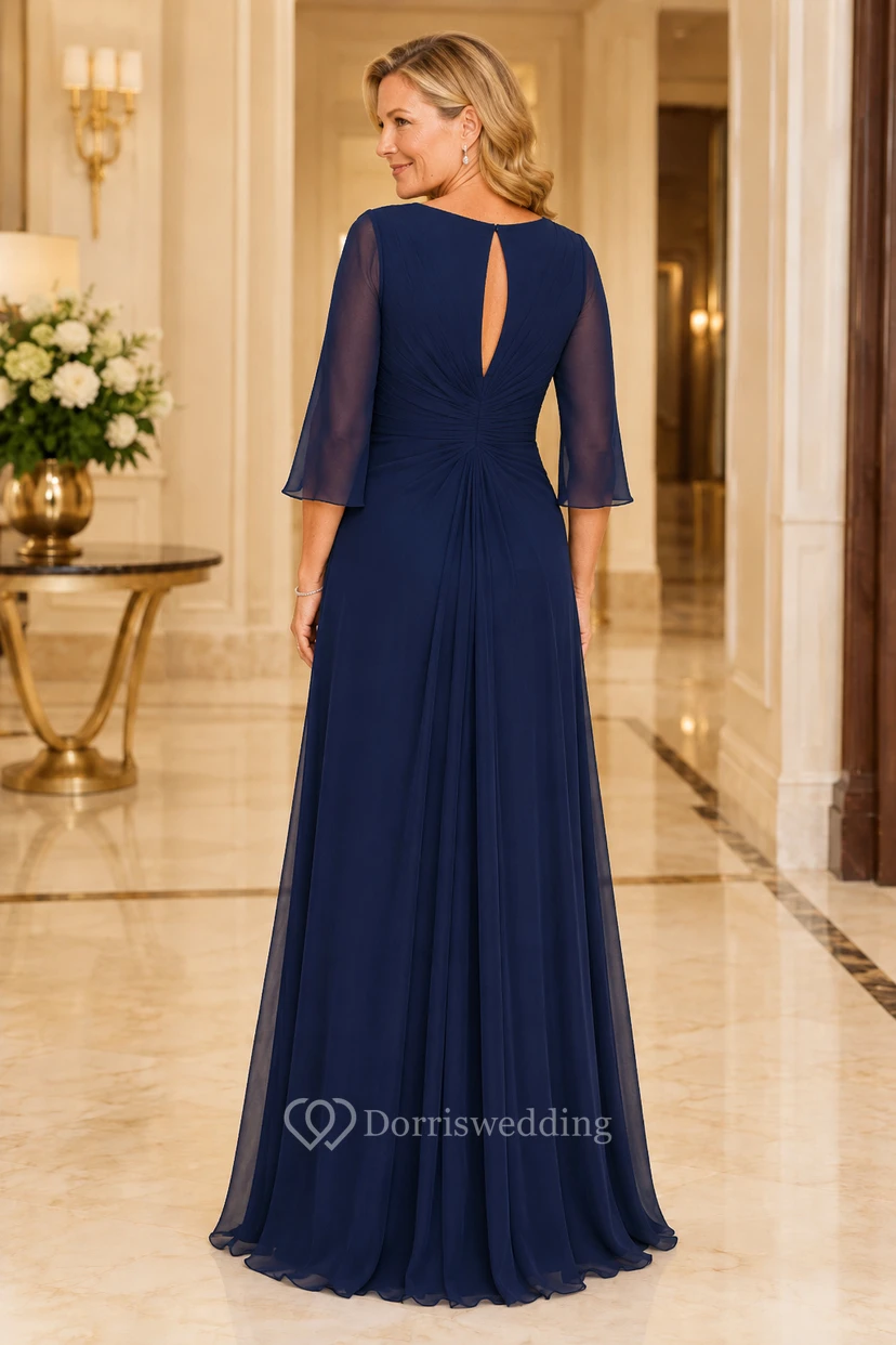 Dunkelblaues Chiffon-Kleid in A-Linie mit V-Ausschnitt und Volantärmeln view 2
