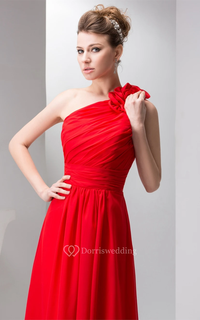 One-Shoulder Floor-Length Chiffon Floral Epaulet and Dress With Ruching view 5