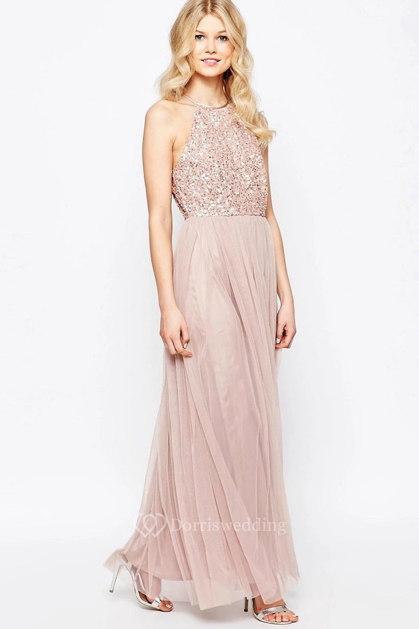 Sheath High Neck Sleeveless Floor-Length Tulle Bridesmaid Dress With Sequins