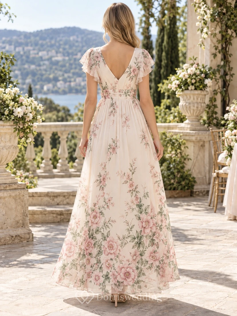 Vestido de invitada largo hasta el suelo de gasa con escote en V y mangas con volantes, estampado floral en tono rosa empolvado. view 2