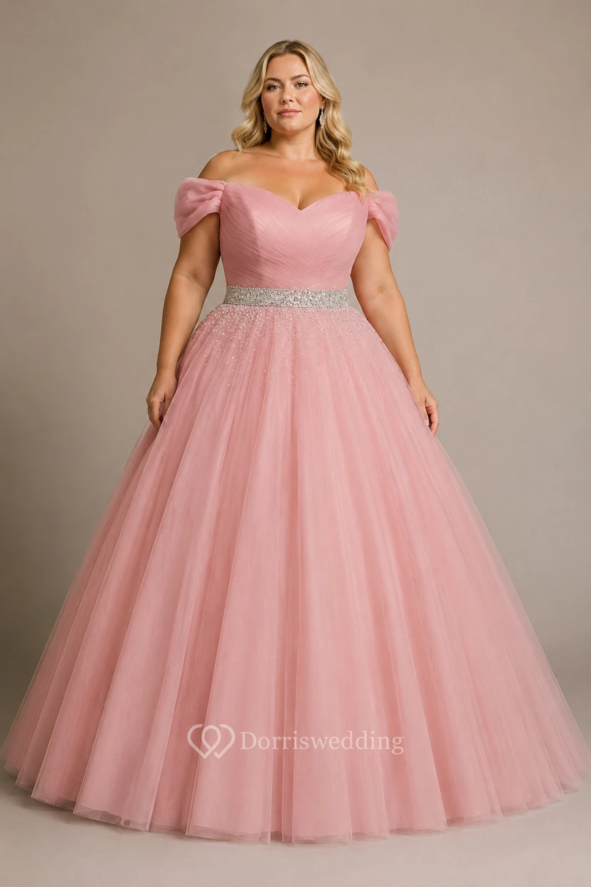 Ball Gown Maxi Off-The-Shoulder Sleeveless Bell Pleats Beading Corset Back Tulle Lace Dress view 4