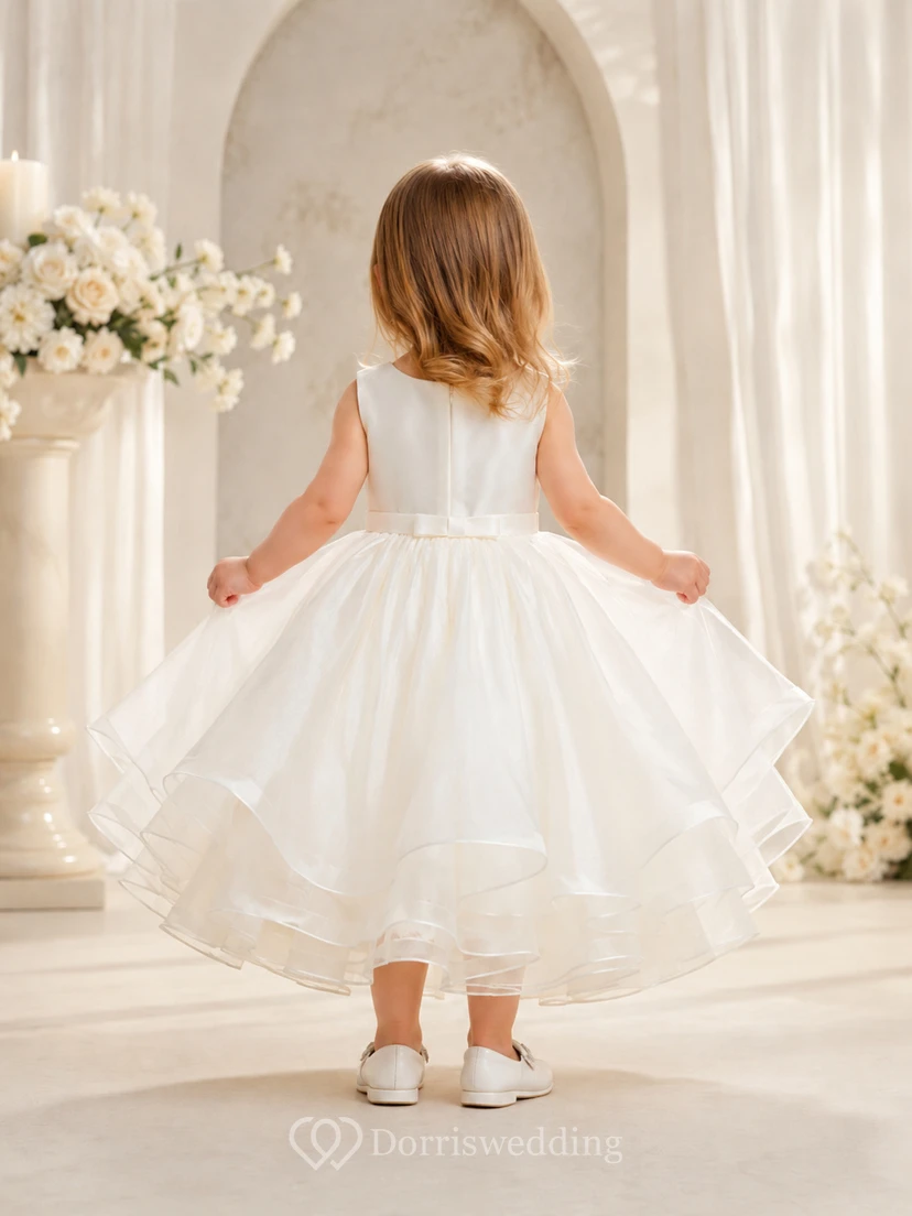 Robe de baptême simple, bustier en satin, jupe en organza, coupe trapèze, sans manches. view 2