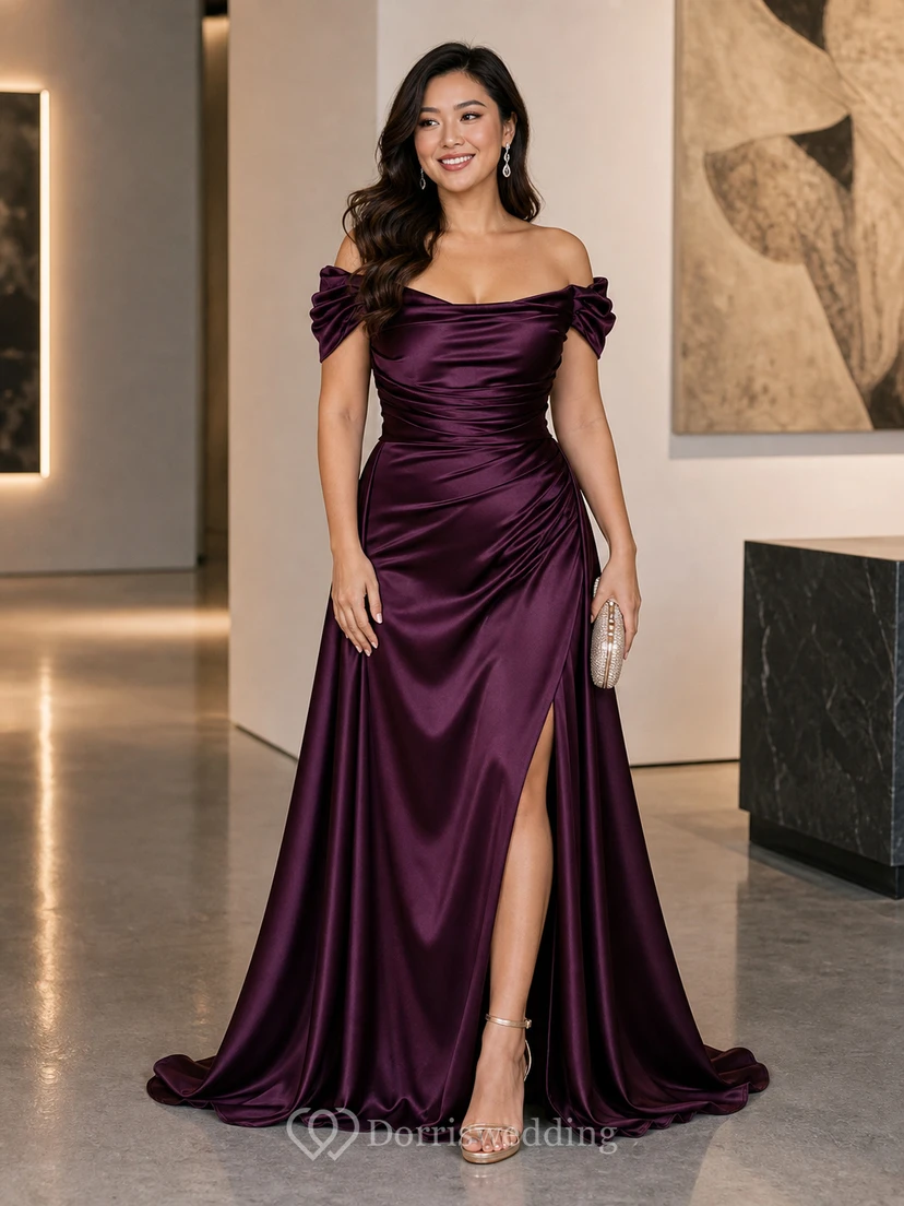 A Line Romantic Plus Size Satin Prom Dress with Split Front view 6