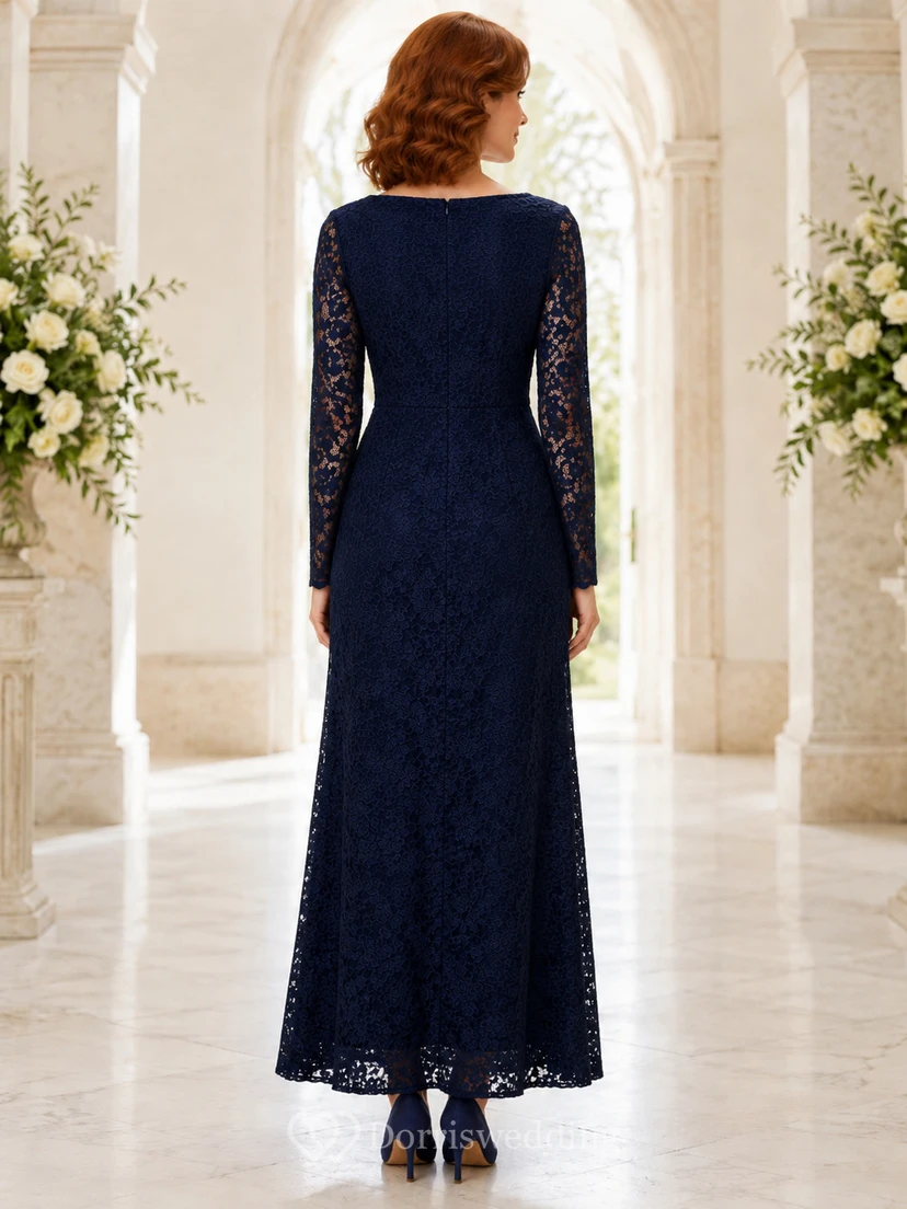 Navy Long Sleeve Lace Jewel Neck Ankle Length Sheath Dress view 2