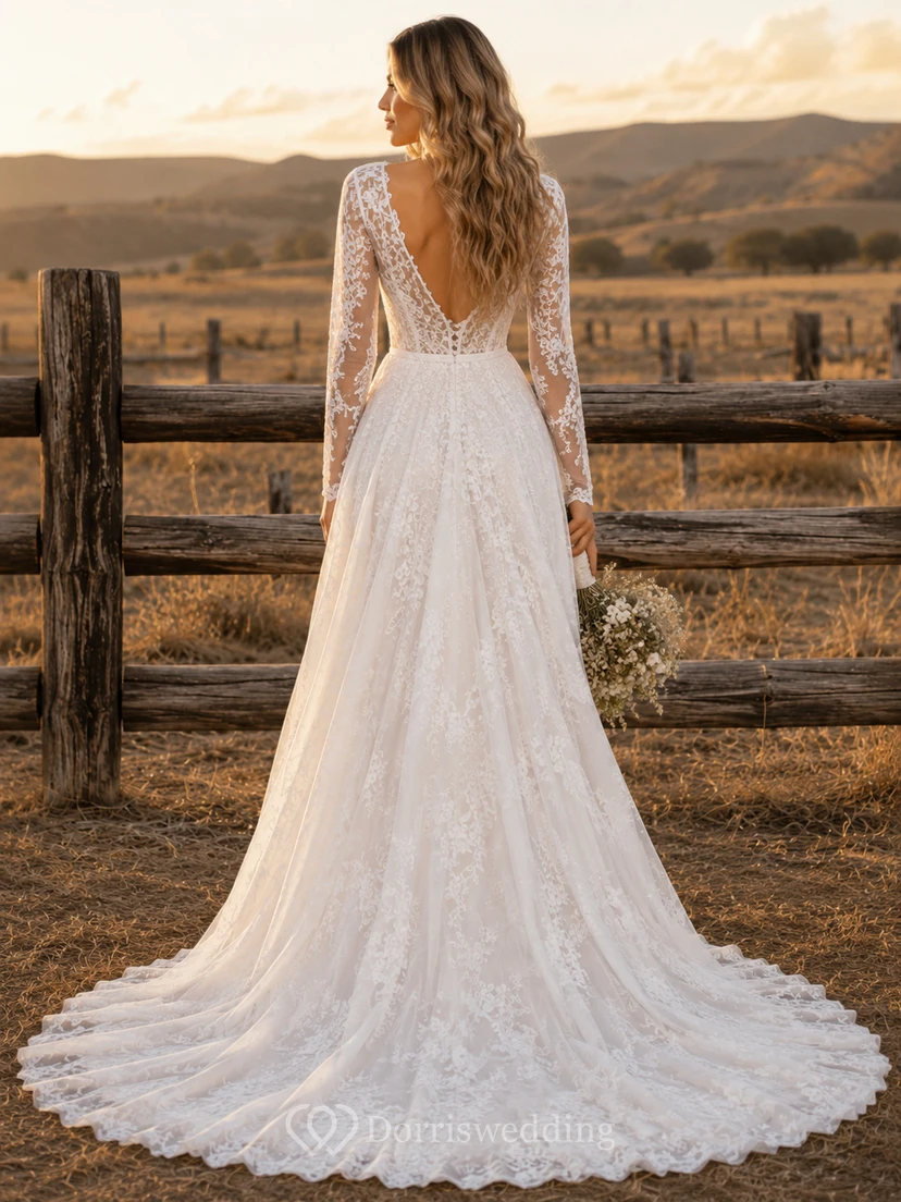 Western A-Line Bridal Dress with V-Neck Lace Long Sleeves and Chapel Train Romantic Bohemian Tulle