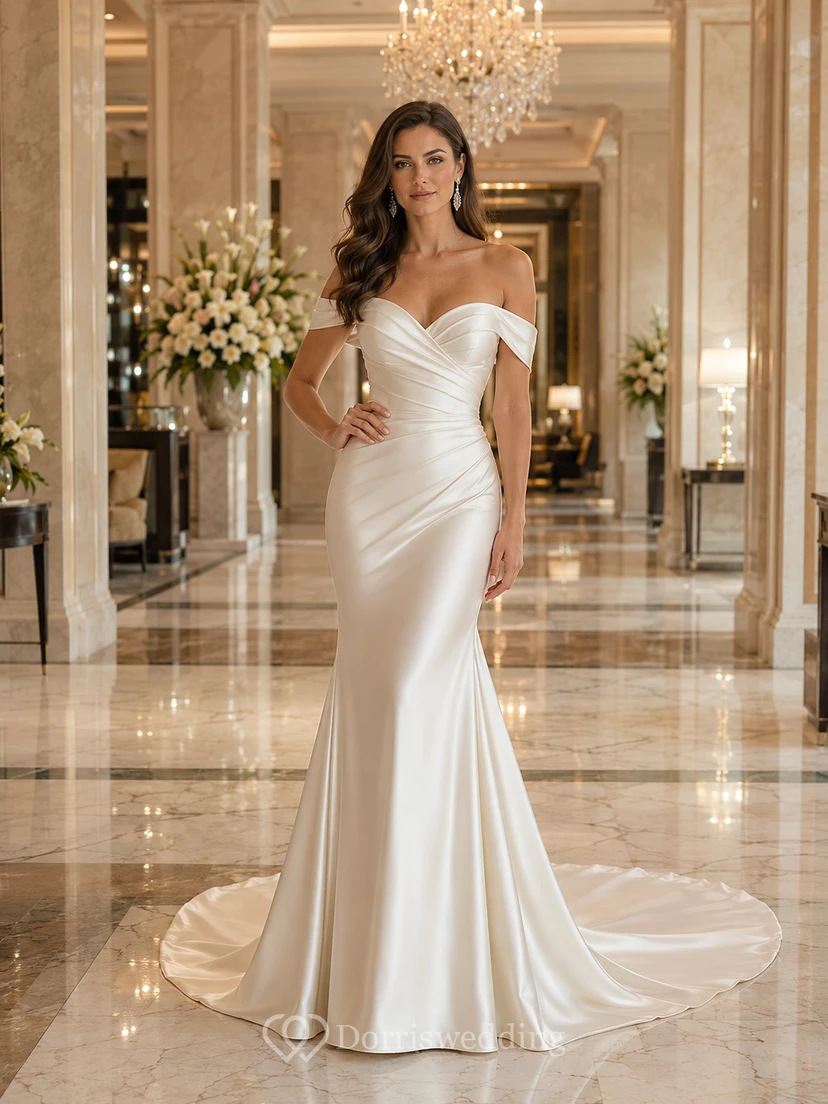 Robe de mariée minimaliste en satin, style sirène, épaules dénudées et traîne chapelle.
