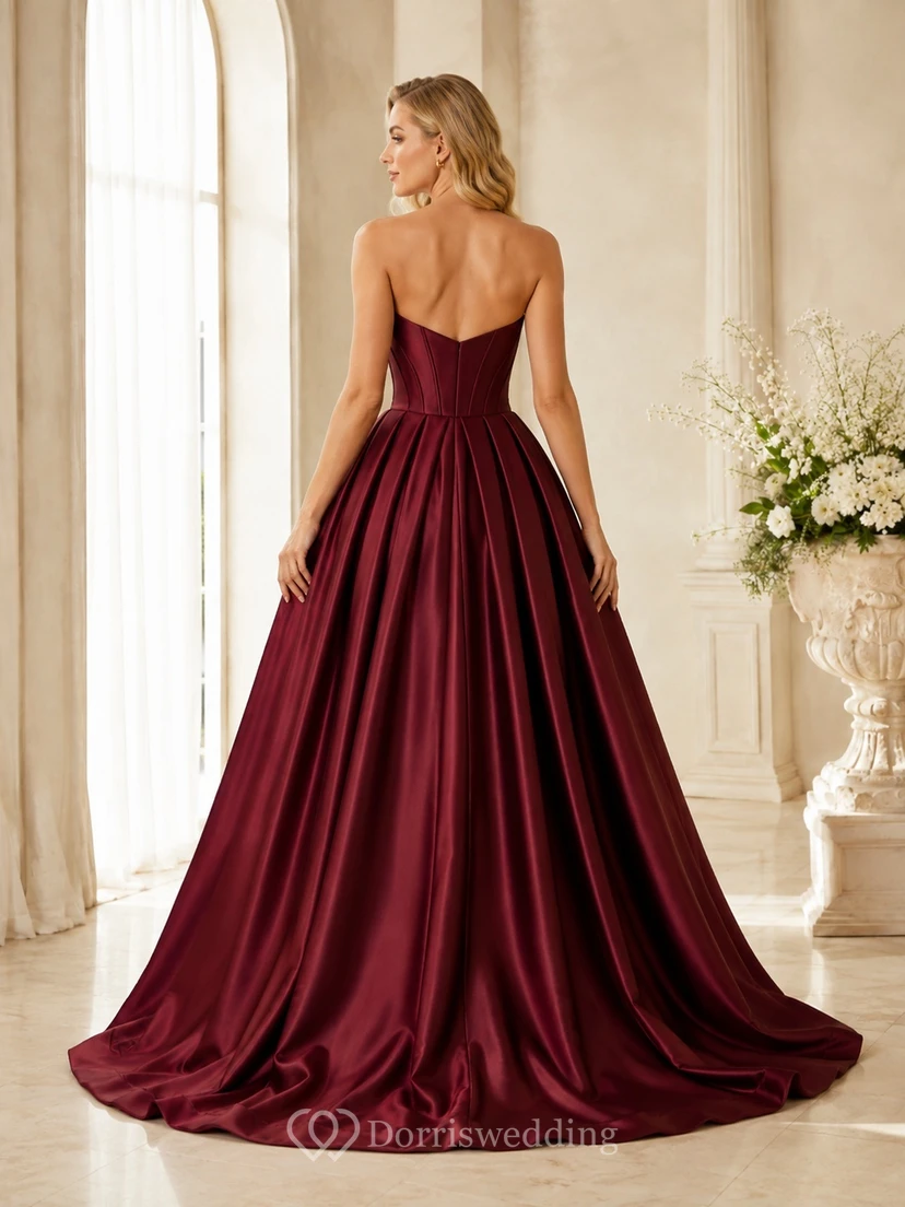 Burgundy Sweetheart Strapless Satin Ball Gown Sweep Train Prom Dress view 2