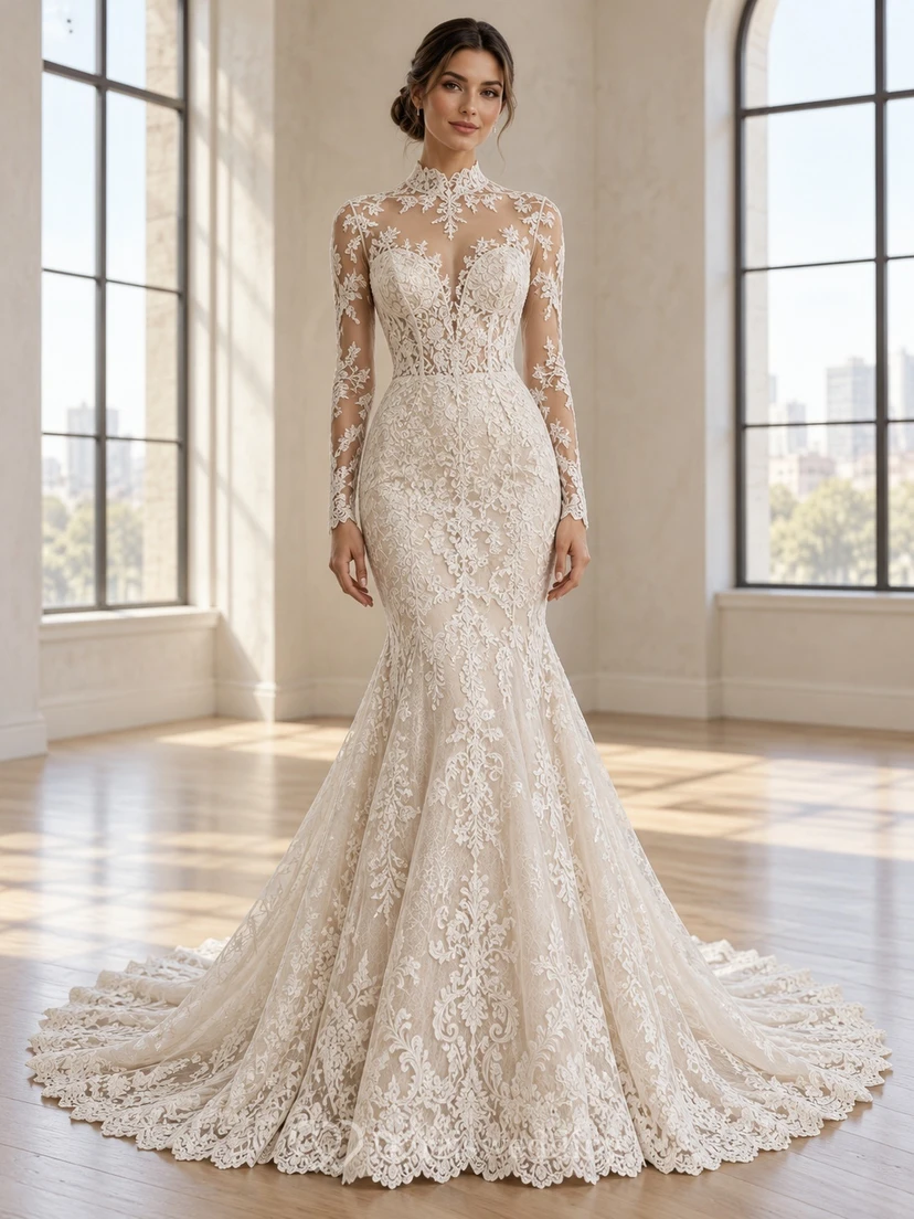 Modest Mermaid High Neck Long Sleeve Lace Train Wedding Dress