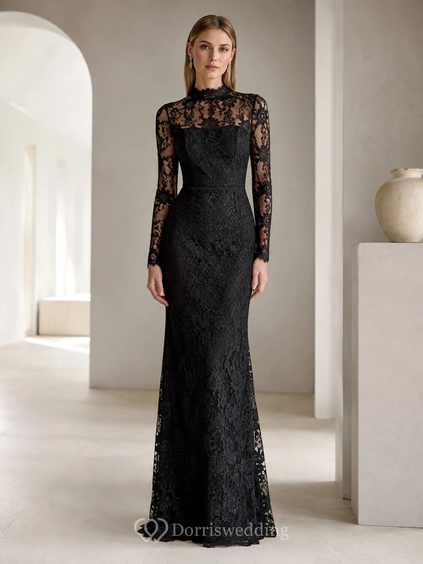Black Lace High-Neck Long-Sleeve Sheath Floor-length Elegant Evening-Gown