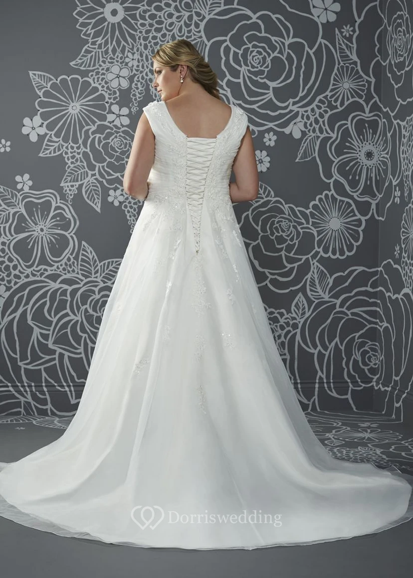 A-Line Floor-Length V-Neck Cap Satin Court Train Lace-Up Back Ruching Dress view 2