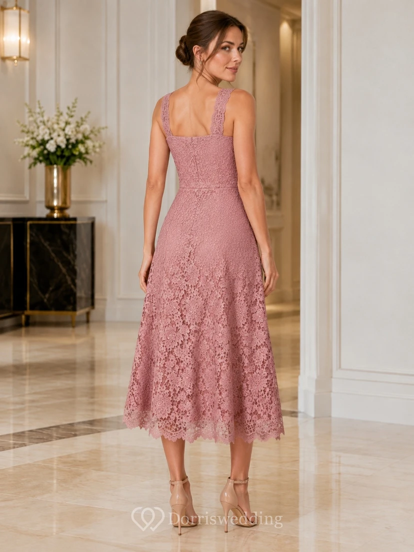 Mauve Lace Straps A-Line Tea-length Elegant Bridesmaid Dress view 2