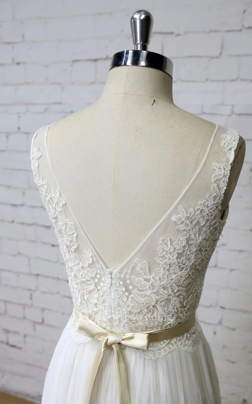 Scoop Neck A-Line Tulle and Lace Vow Renewal Dress With Pleats and Satin Sash view 2