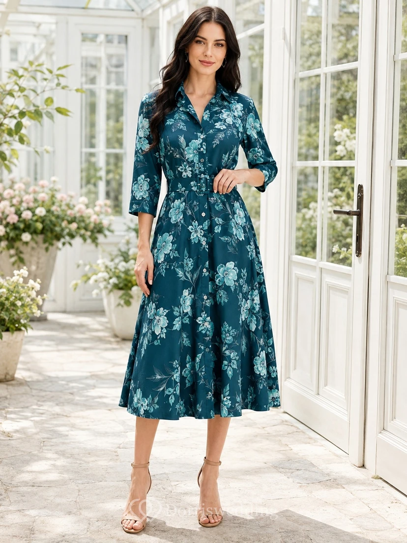 Peacock Floral Notched Neck Three-Quarter Sleeve Satin A-Line Tea-Length Shirt Dress