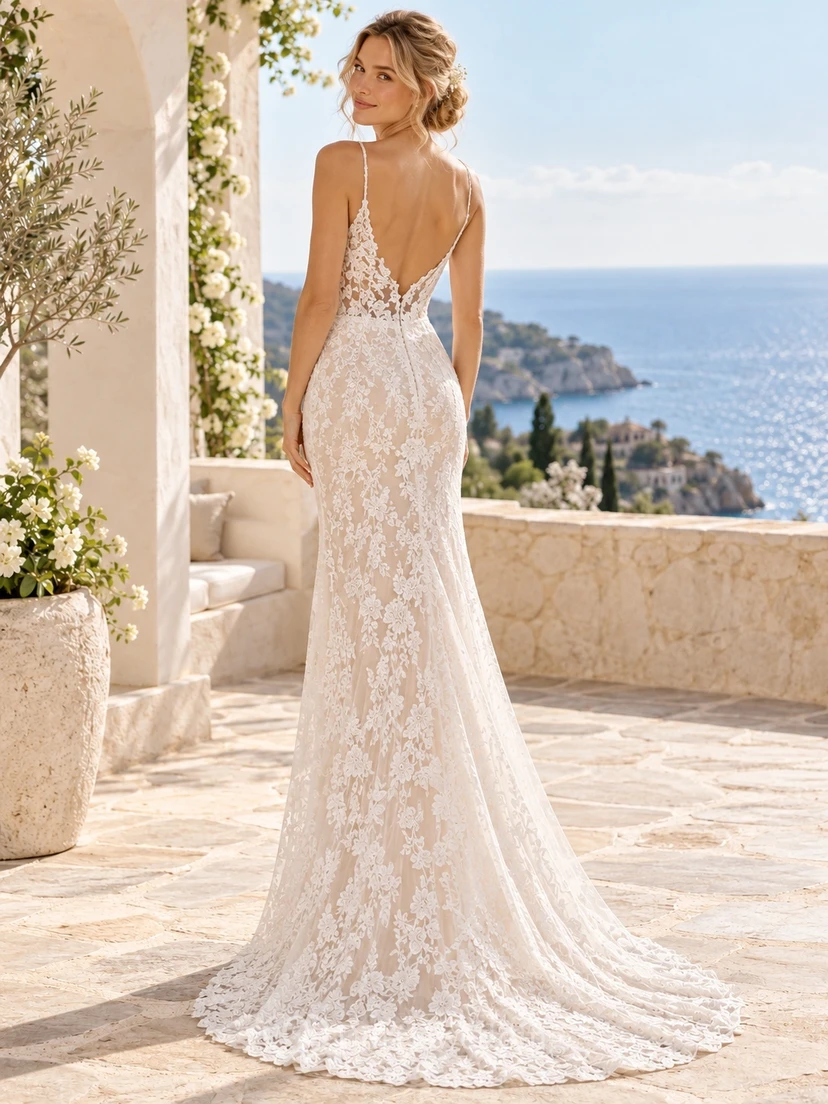 Sheath Spaghetti Strap V-neck Floral Lace Bridal Wedding Dress view 2