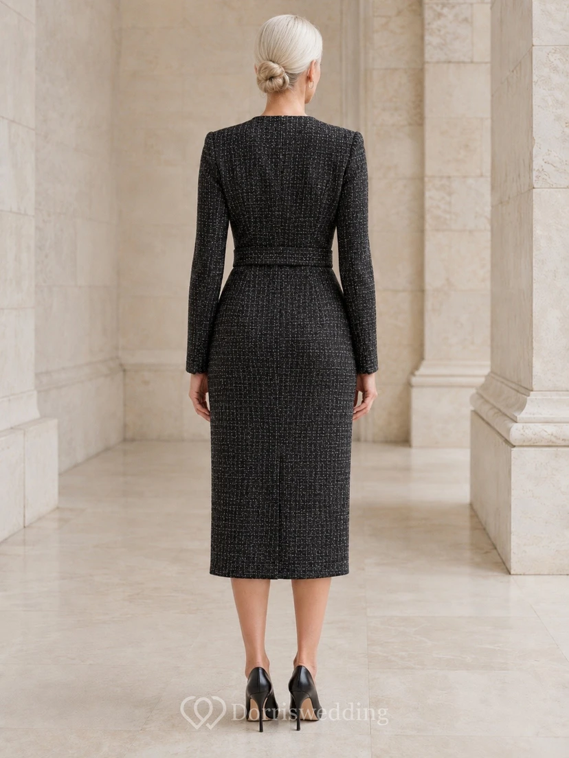 Dark Gray Tweed V-Neck Long Sleeve Pencil Midi Dress view 2