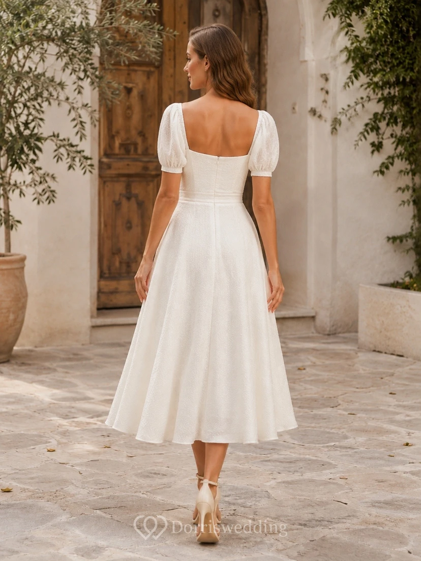 Vestido de novia midi sencillo de corte A con escote cuadrado y mangas abullonadas view 2