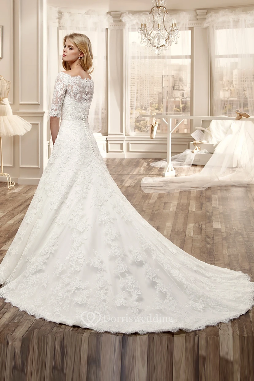 Off-Shoulder Lace Wedding Dress With Half Sleeve And Appliques view 2