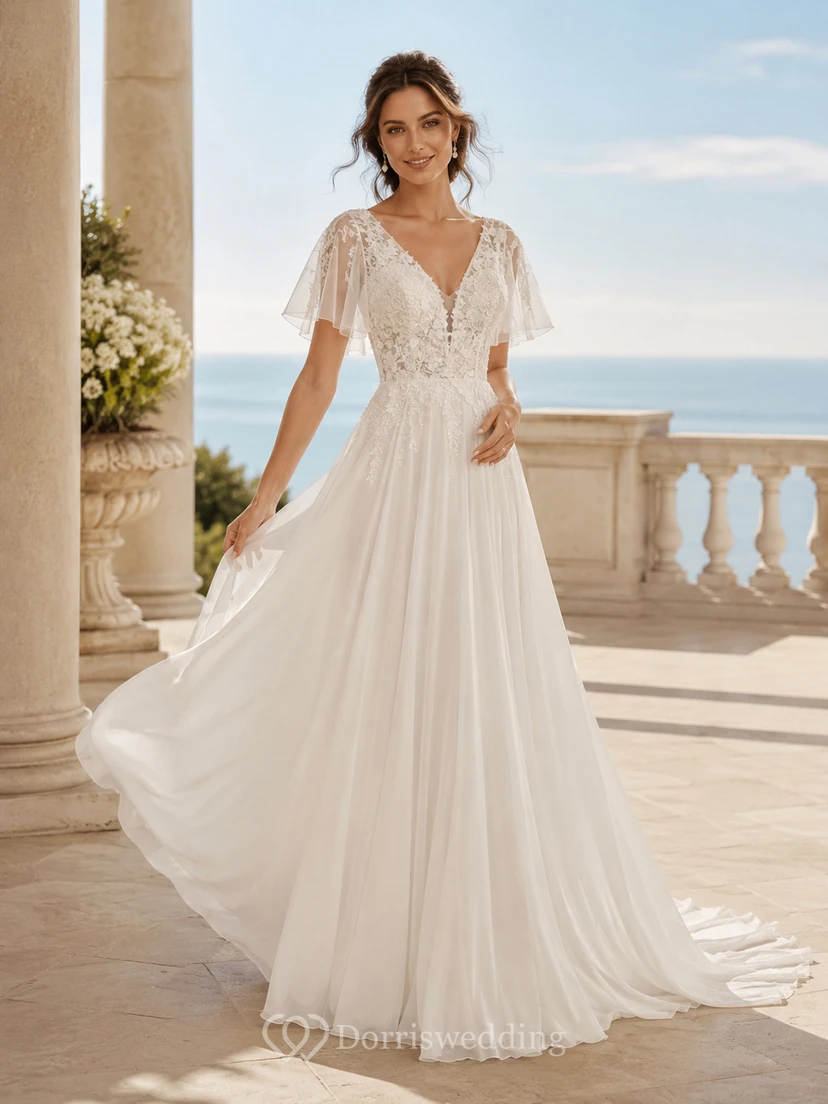 Robe de mariée bohème en dentelle, manches courtes, coupe trapèze, col en V, style plage
