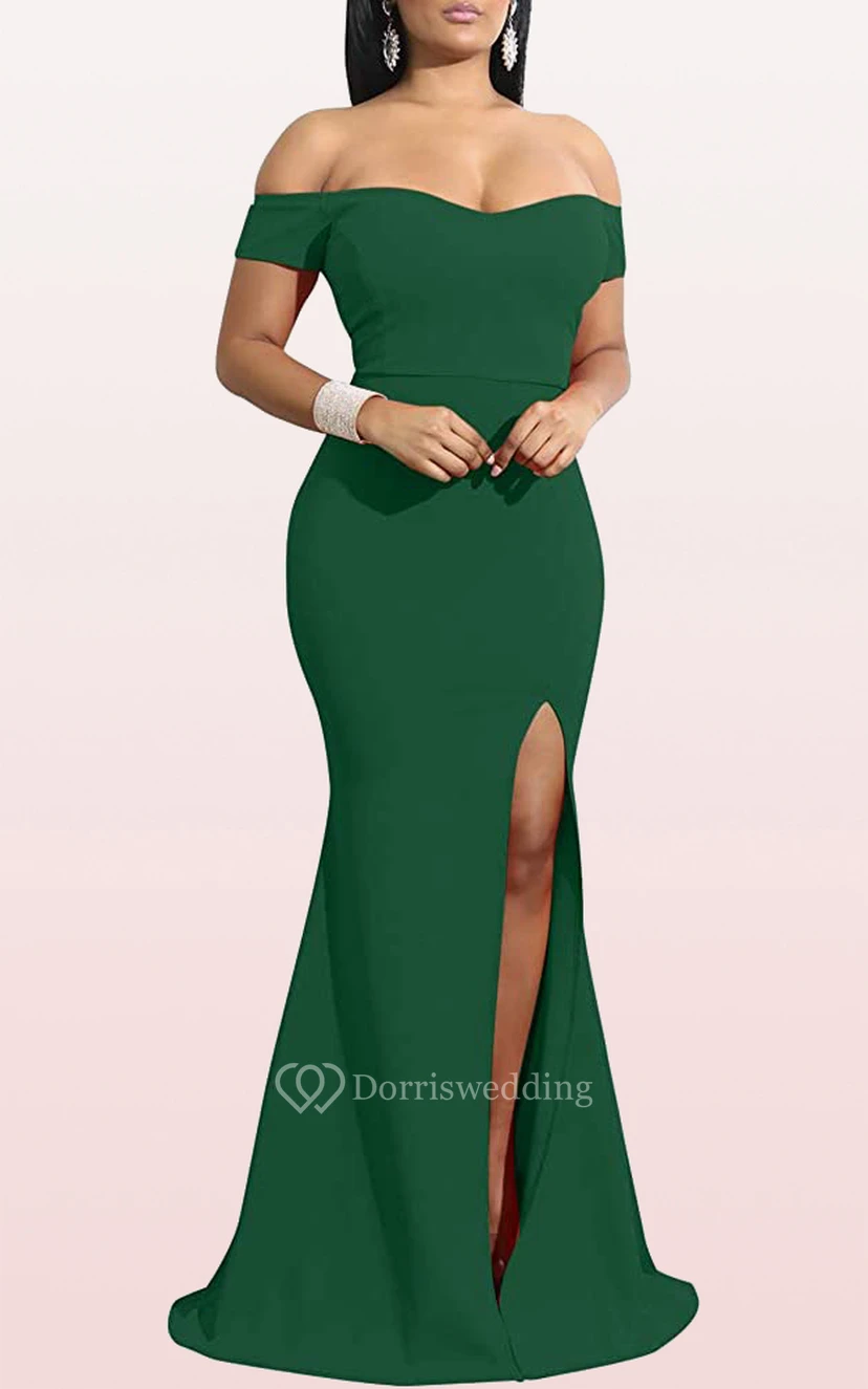 Modern Off-the-shoulder Jersey Mermaid Sleeveless Guest Formal Dress With Split Front view 5