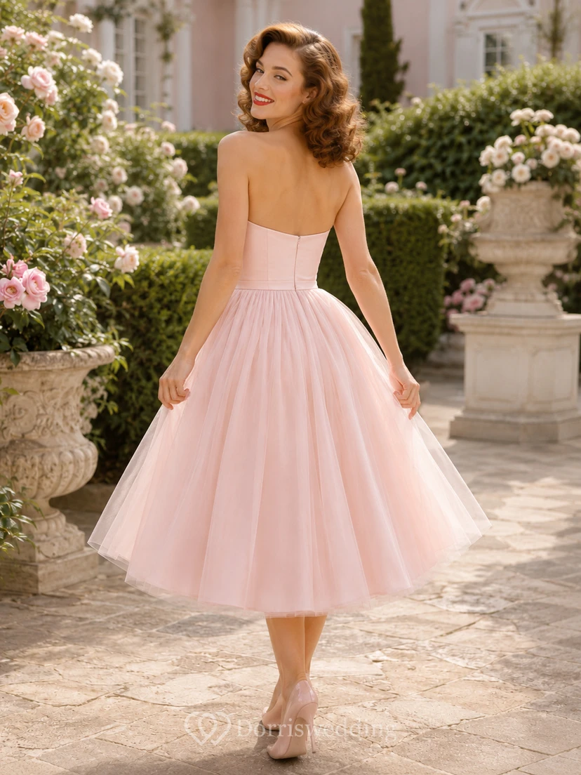 Princess Blush A-Line Tea-length Strapless Sleeveless Tulle Romantic Vintage Cocktail Guest Garden Dress view 2