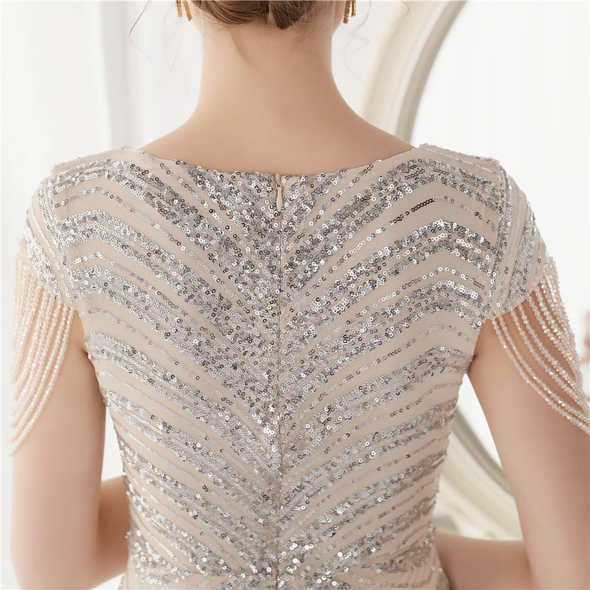 Paillettenbesetztes, handwerklich perfekt gefertigtes, perlenbesetztes Party-Abendkleid – sexy langes Kleid für die Braut view 9