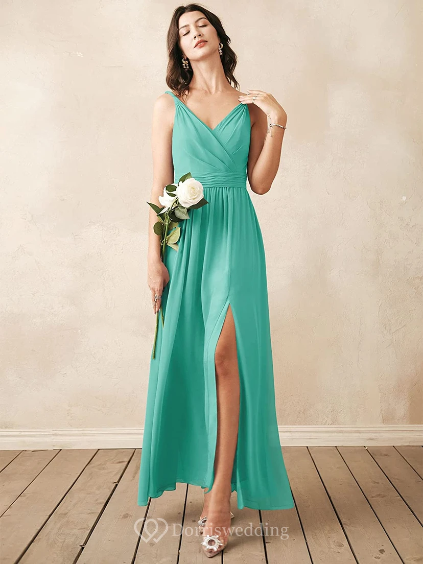 Romantic V-neck A Line Sleeveless Ankle-length Chiffon Bridesmaid Dress With Ruching view 13