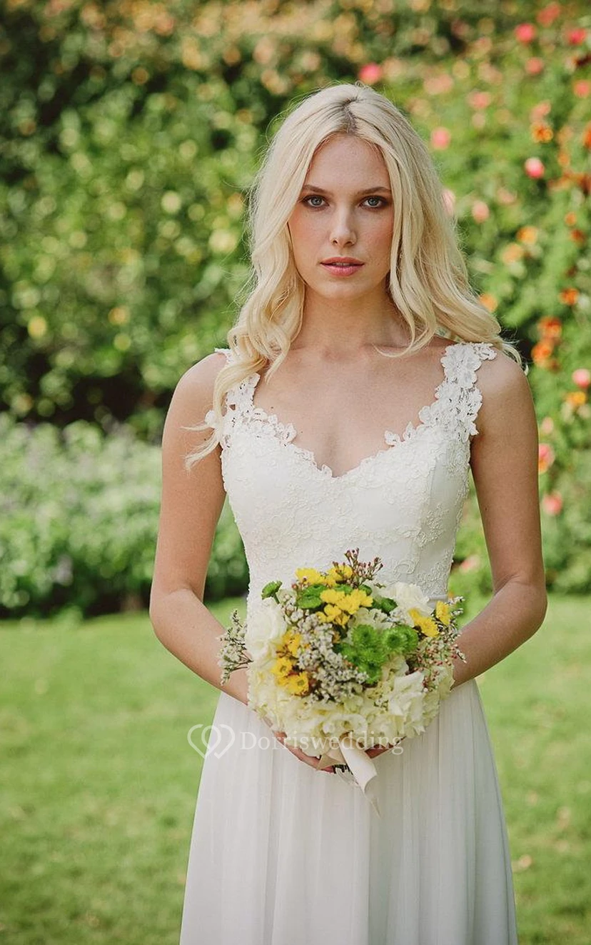 Langes Chiffon-Spitzenkleid zur Erneuerung des Eheversprechens mit Perlenblume view 2