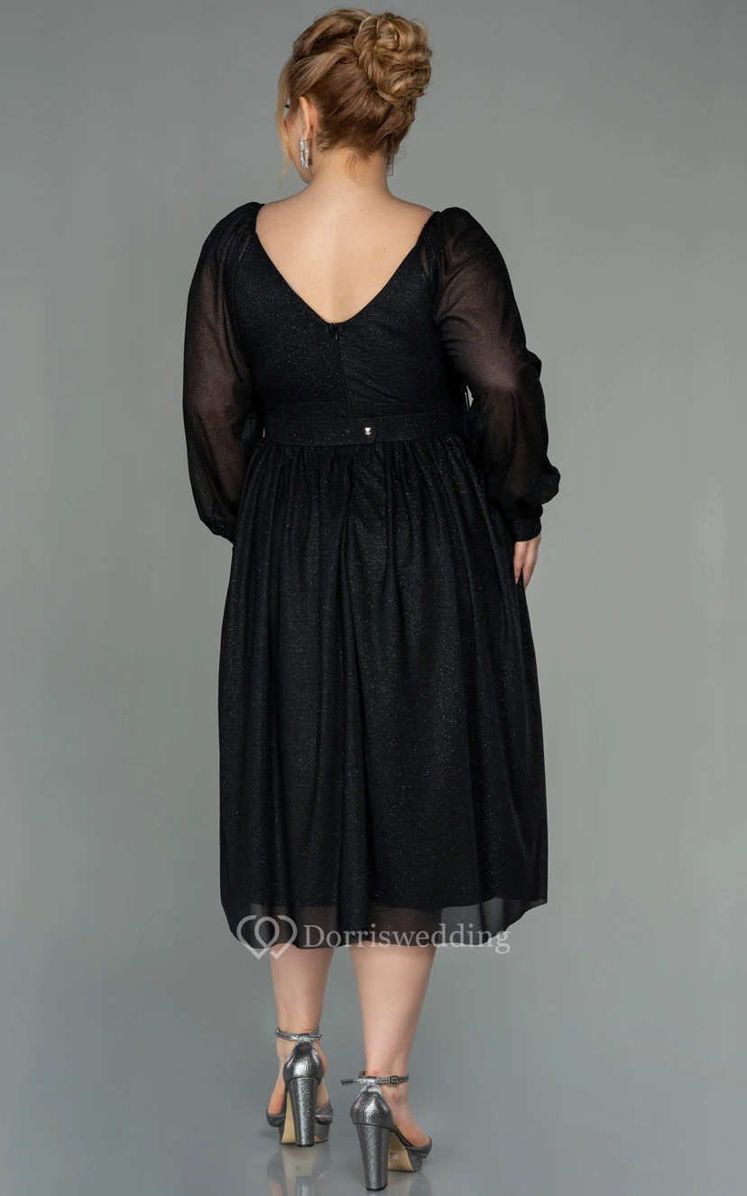 Vestido casual de manga larga, escote en V, corte imperio cruzado, largo hasta la rodilla, talla grande, para la madre de la novia view 2
