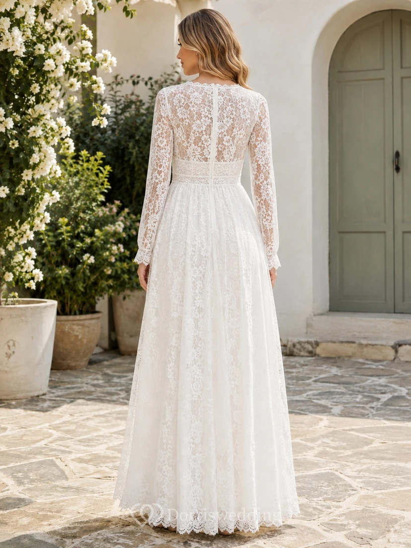 Long Sleeve Deep-V Lace A-Line Floor-Length Boho Romantic Wedding Dress view 2