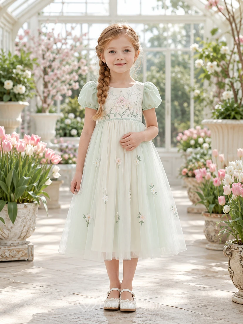 Blumenmädchenkleid, mintgrün, aus Spitze und Tüll, A-Linie, kurze Ärmel, Rundhalsausschnitt, Teelänge, florale Applikationen