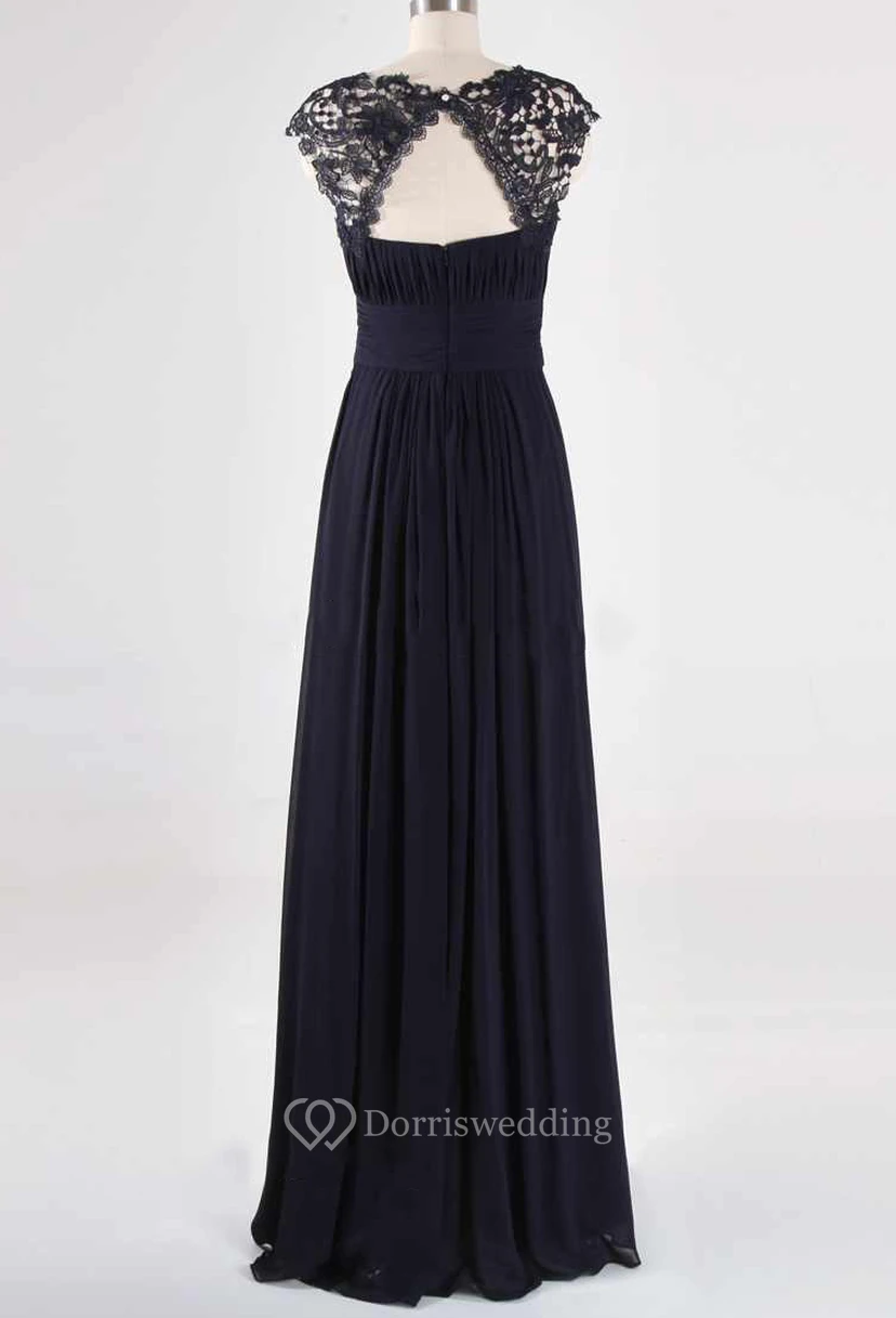 Marineblaues, elegantes Abendkleid aus Georgette-Spitze in individuellen Größen – perfekt für Brautjungfern und festliche Anlässe. A-Linien-Schnitt, bodenlang. view 2