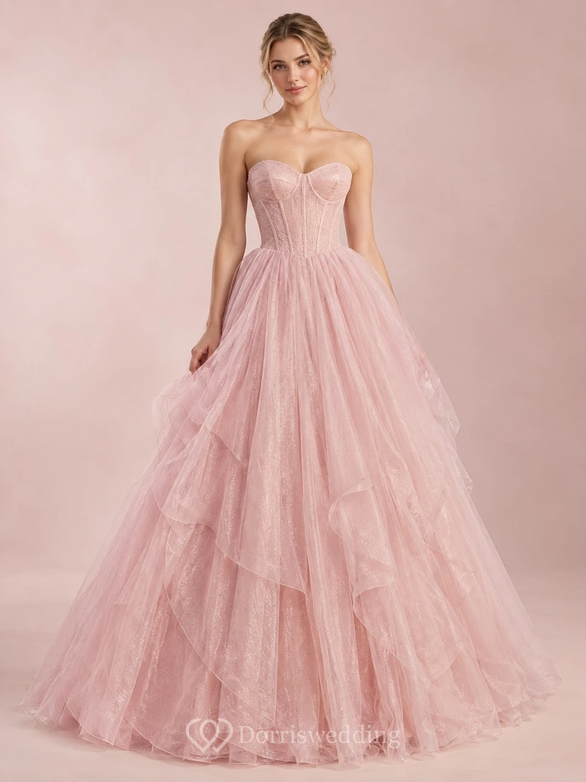 Blush Strapless Sweetheart Lace Corset Layered Tulle Long Prom Dress
