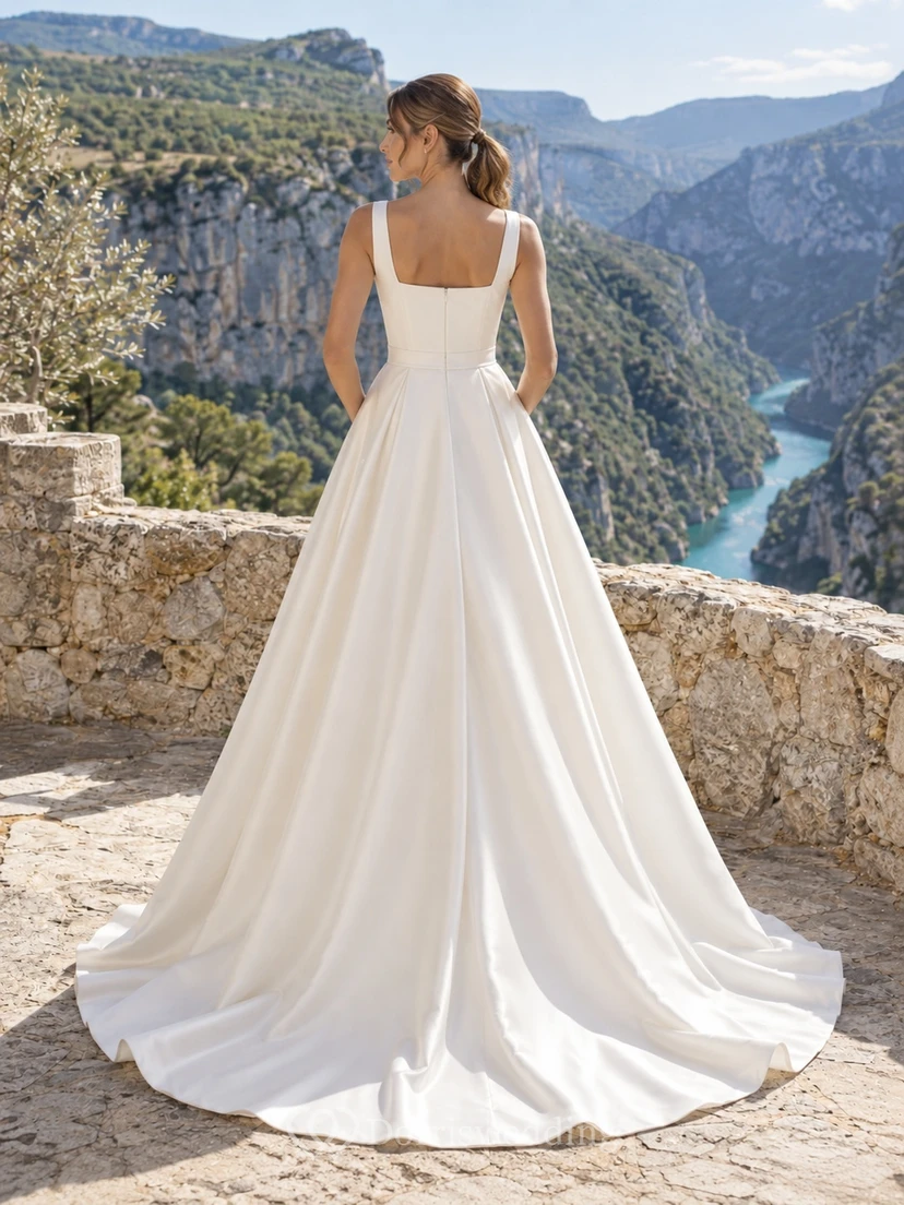 Vestido de novia sencillo de corte A, sin mangas, con escote cuadrado, de satén duquesa, abertura frontal y cola larga. view 2