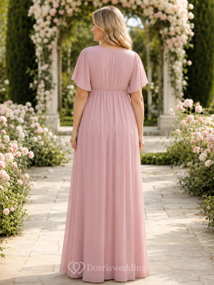Maternity Blush Flutter Sleeve V Neck Empire Floor Length Chiffon Dress view 2