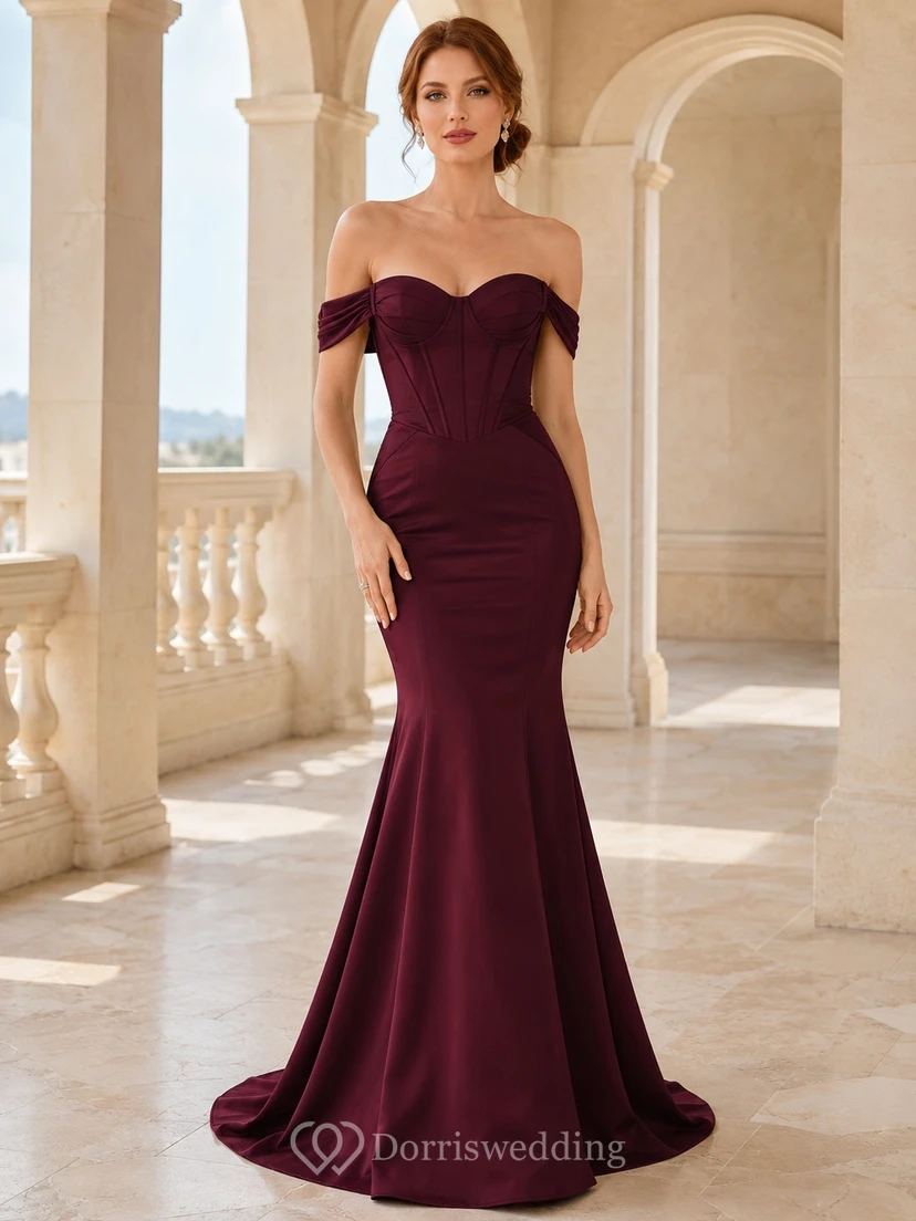 Burgunderfarbenes, schulterfreies Meerjungfrauen-Abendkleid aus Satin mit Korsett und Schleppe
