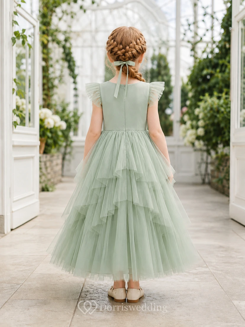 Flower Girl Dress Sage Tulle A-Line Short Sleeve Jewel Neck Tea Length Ruffle Detail Tiered Skirt view 2